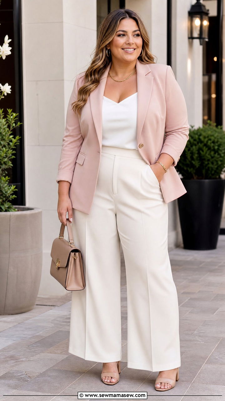 Plus Size Pastel Blazer And Wide Leg Pants Outfit - 20 plus size easter outfit ideas