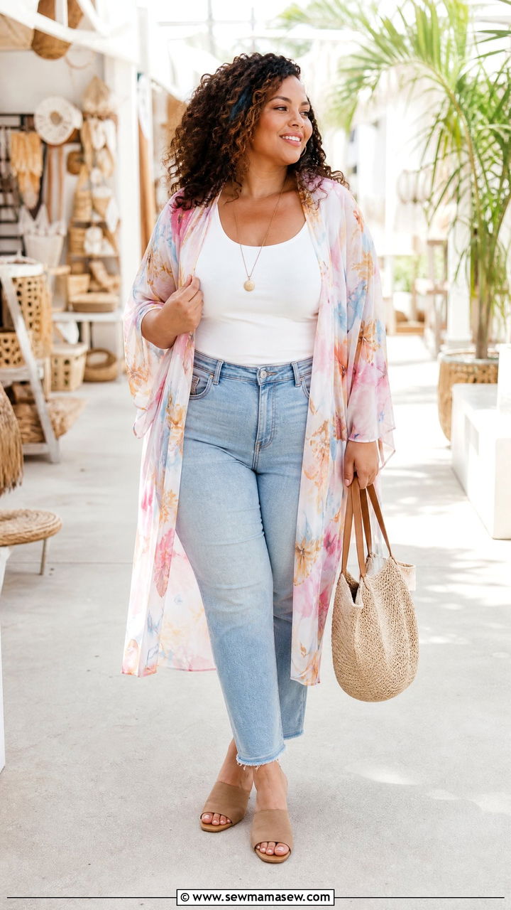 Plus Size Pastel Kimono And Jeans Outfit - 20 plus size pastel outfit ideas