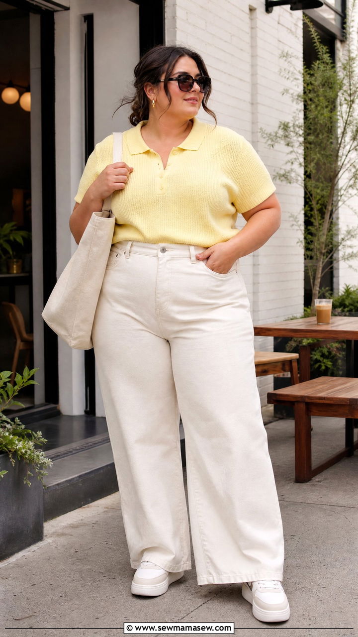 Plus Size Pastel Polo And Wide Leg Jeans Outfit - 20 plus size pastel outfit ideas