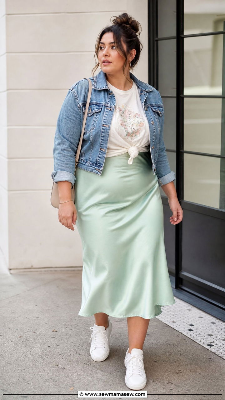 Plus Size Pastel Satin Skirt And Graphic Tee Outfit - 20 plus size pastel outfit ideas