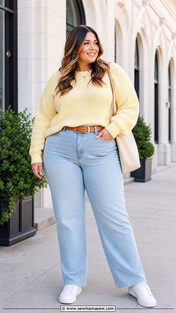 Plus Size Pastel Sweater And Light Wash Jeans Outfit - 20 plus size pastel outfit ideas