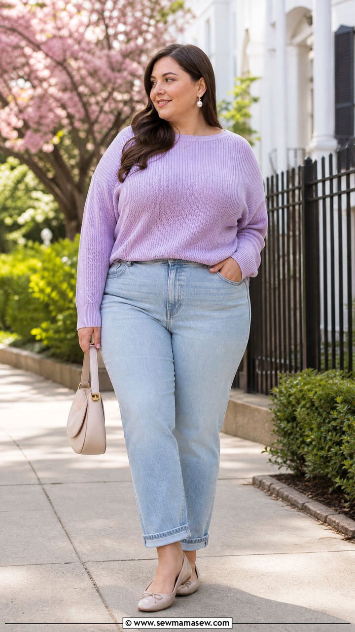 Plus Size Pastel Sweater Outfit - 20 plus size spring top outfit ideas