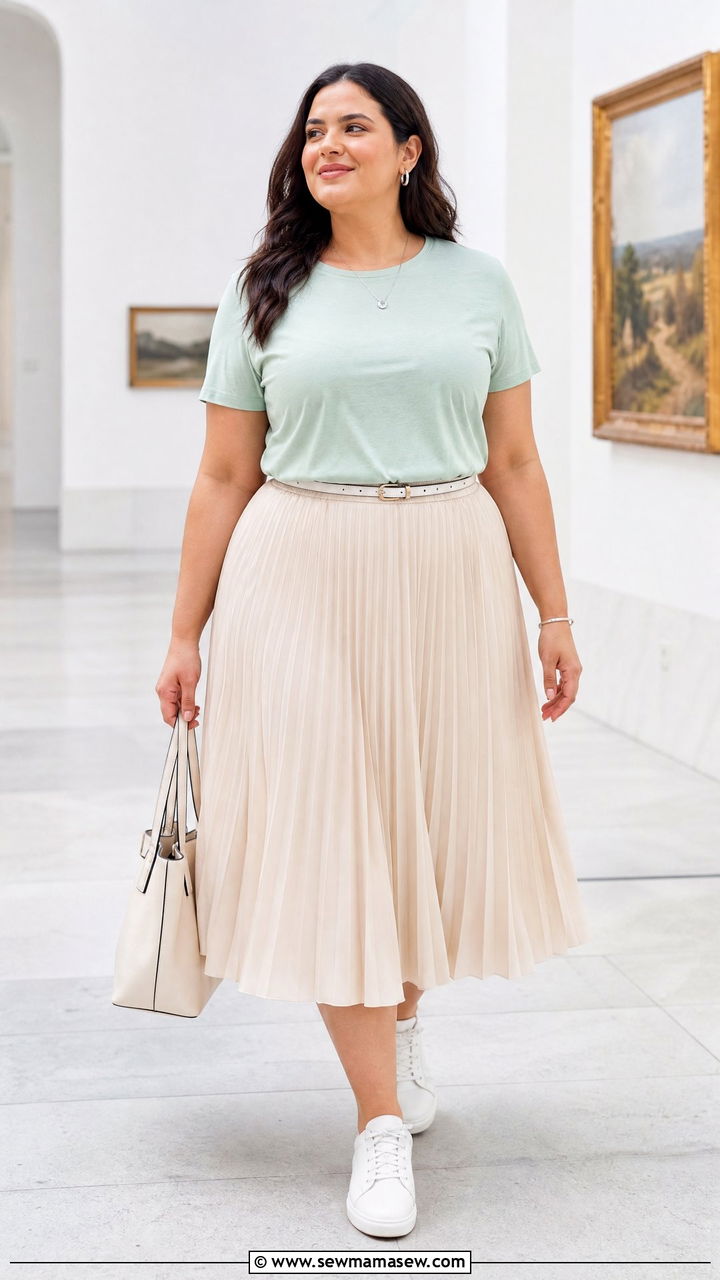 Plus Size Pastel T Shirt And Pleated Skirt Outfit - 20 plus size pastel outfit ideas