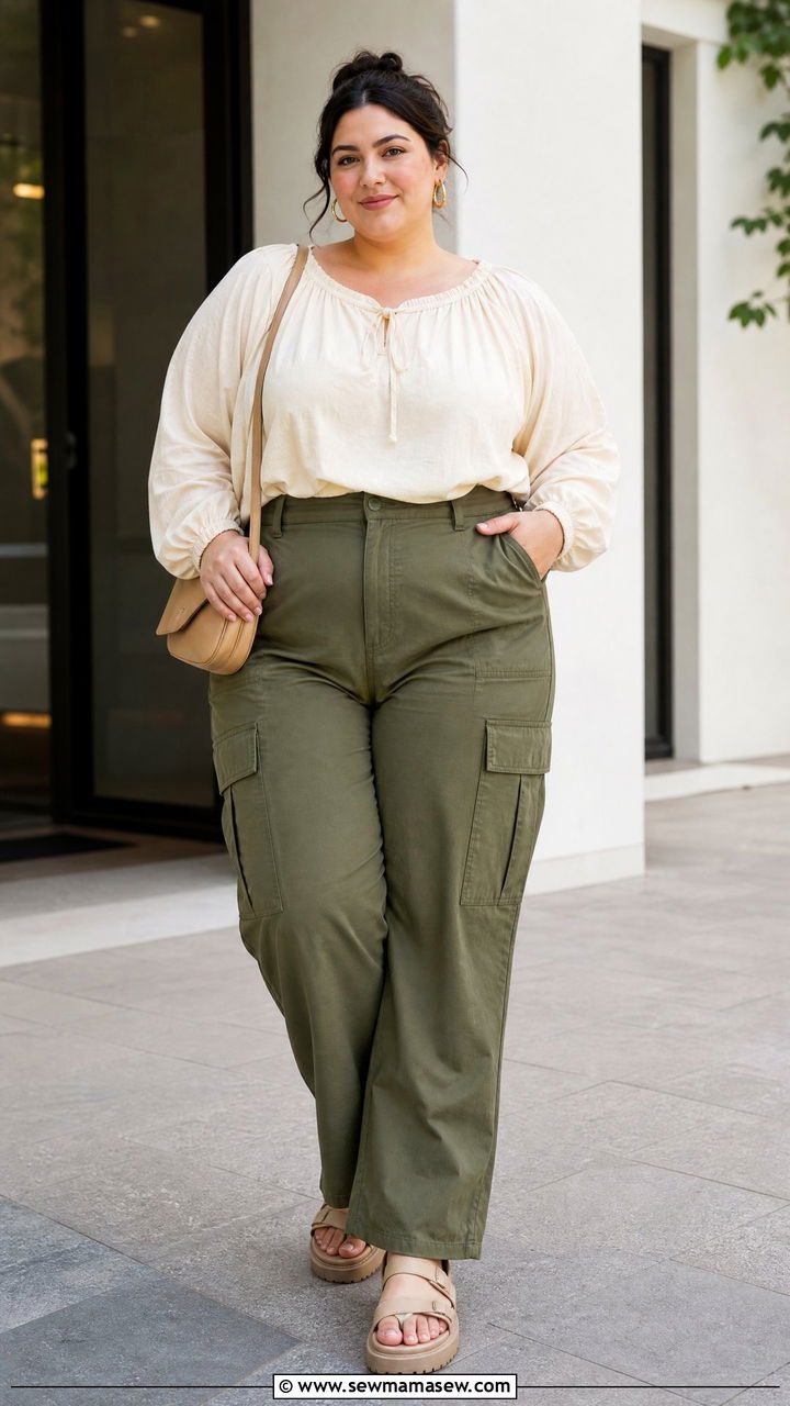 Plus Size Peasant Blouse With Cargo Pants - 20 plus size peasant blouse outfit ideas