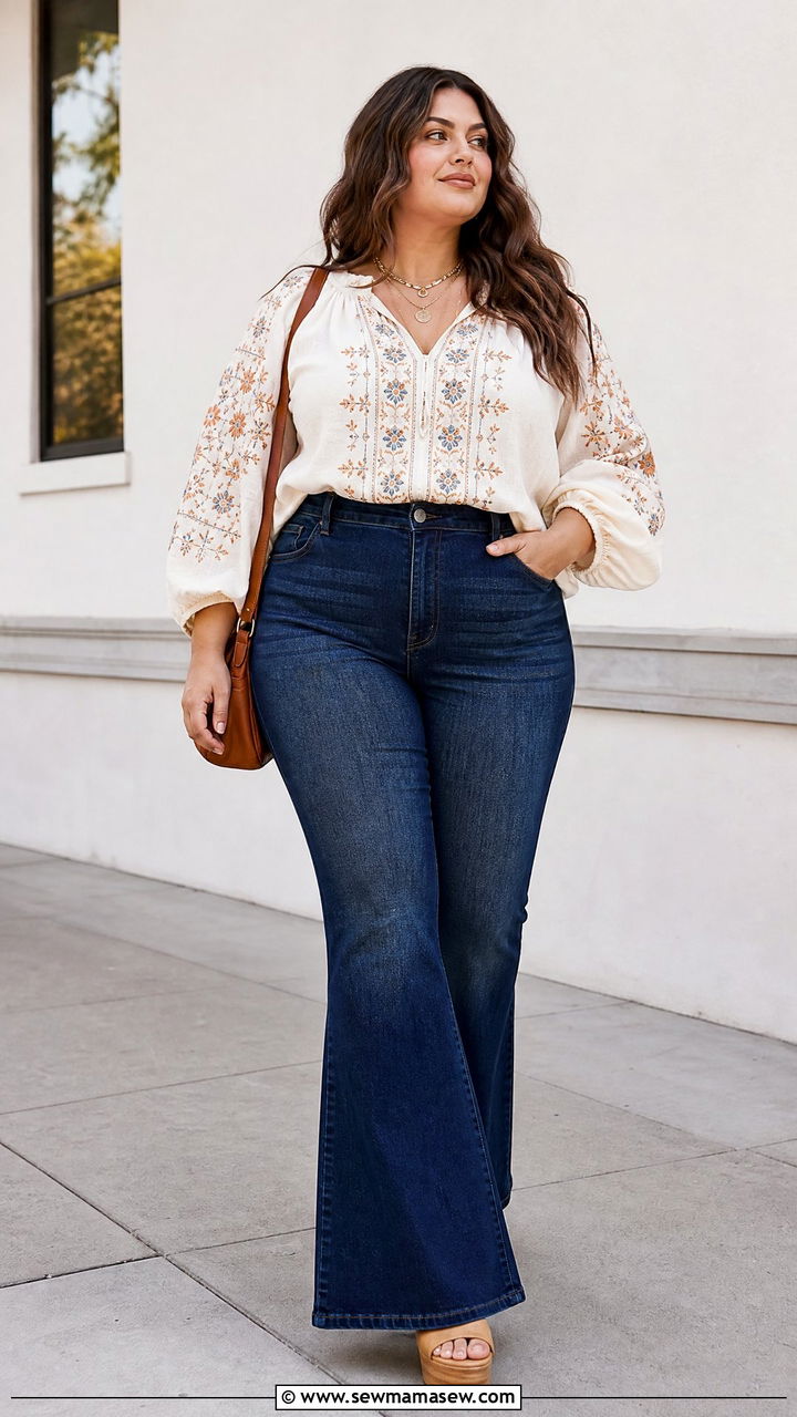 Plus Size Peasant Blouse With Flare Jeans - 20 plus size peasant blouse outfit ideas