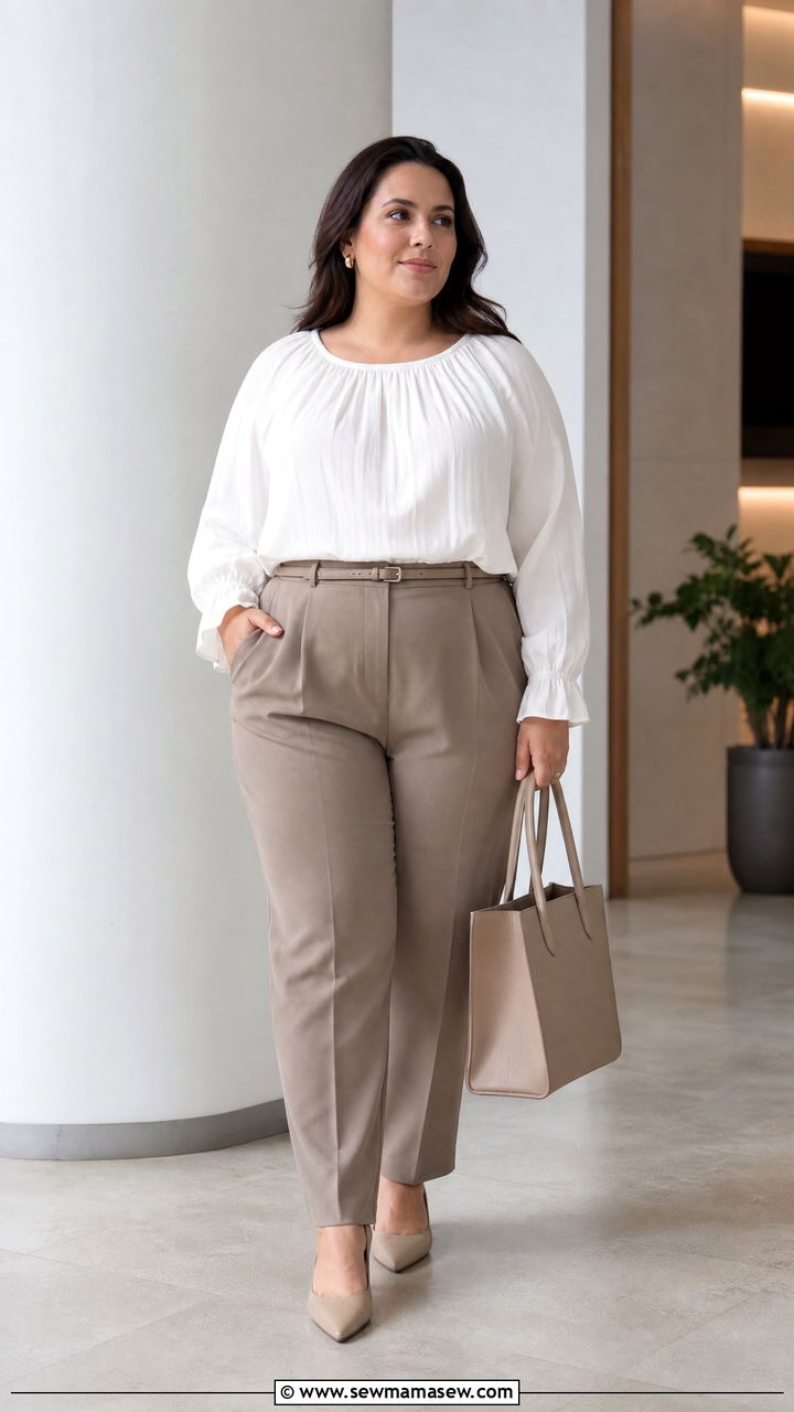 Plus Size Peasant Blouse With Tailored Trousers - 20 plus size peasant blouse outfit ideas