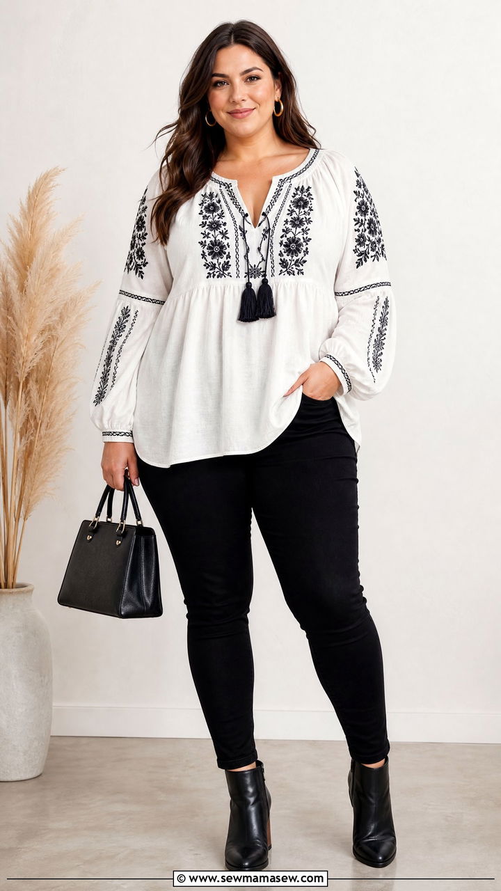 Plus Size Peasant Tunic Top With Black Skinny Jeans - 20 plus size peasant tunic top outfit ideas