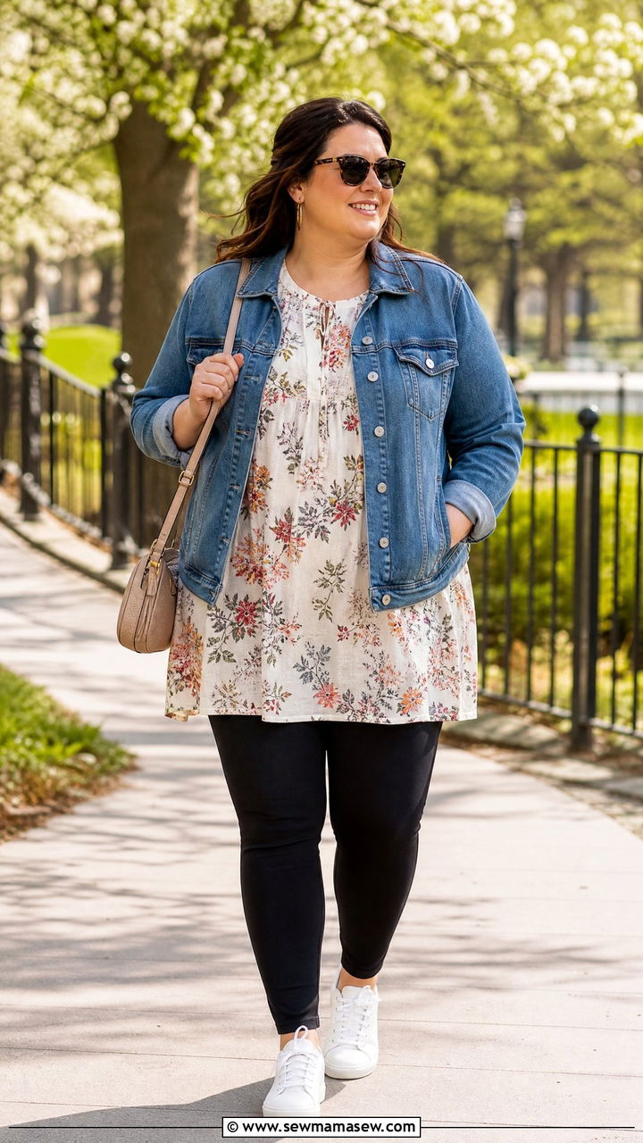 Plus Size Peasant Tunic Top With Denim Jacket - 20 plus size peasant tunic top outfit ideas