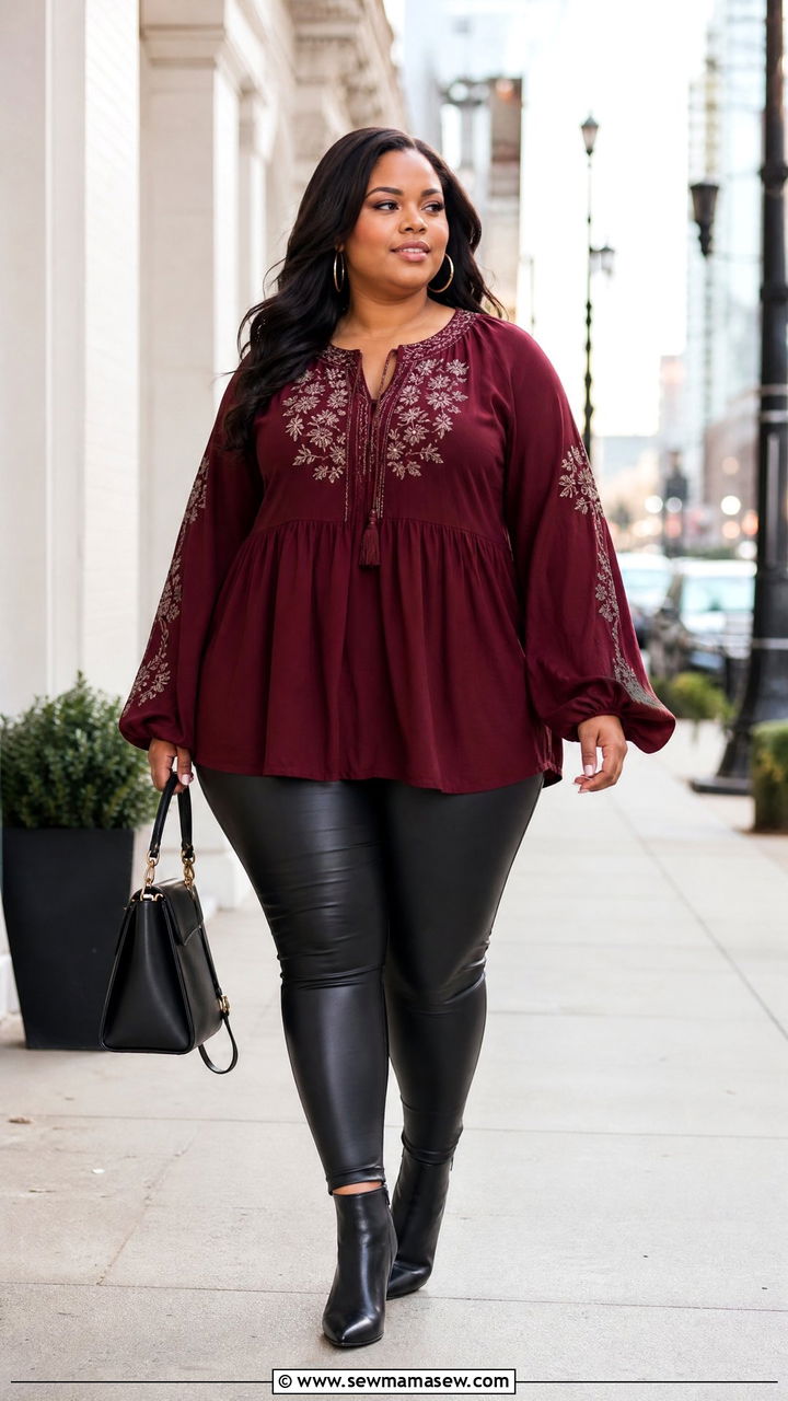 Plus Size Peasant Tunic Top With Faux Leather Leggings - 20 plus size peasant tunic top outfit ideas