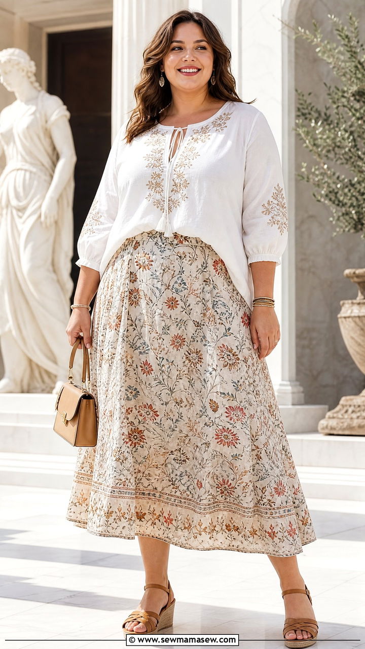 Plus Size Peasant Tunic Top With Midi Skirt - 20 plus size peasant tunic top outfit ideas