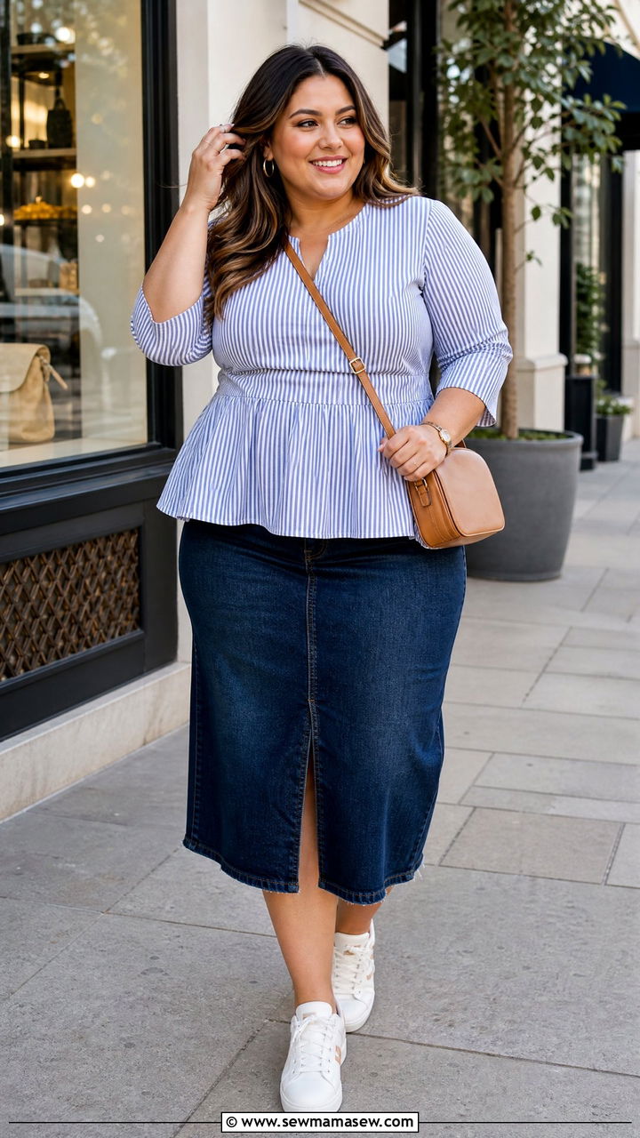 Plus Size Peplum Blouse With Denim Skirt - 20 plus size peplum blouse outfit ideas