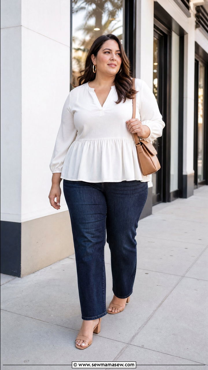 Plus Size Peplum Top And Straight Jeans Outfit - 20 plus size outfits to hide tummy