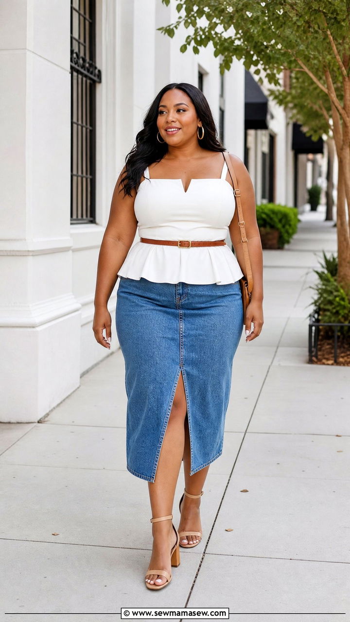 Plus Size Peplum Top With Denim Skirt - 20 plus size peplum top outfit ideas