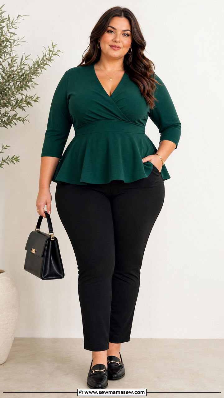 Plus Size Peplum Top With Slim Black Pants - 20 plus size tops for big bust outfit ideas
