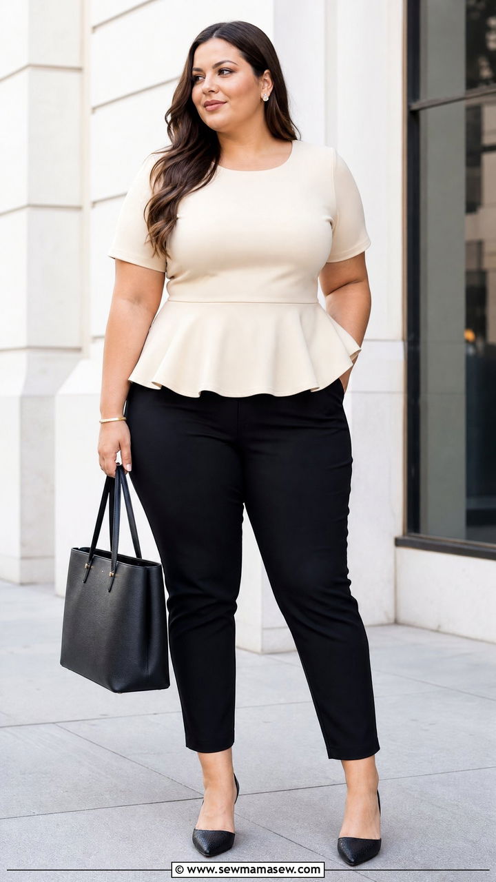 Plus Size Peplum Top With Slim Pants Outfit - 20 plus size feminine top outfit ideas