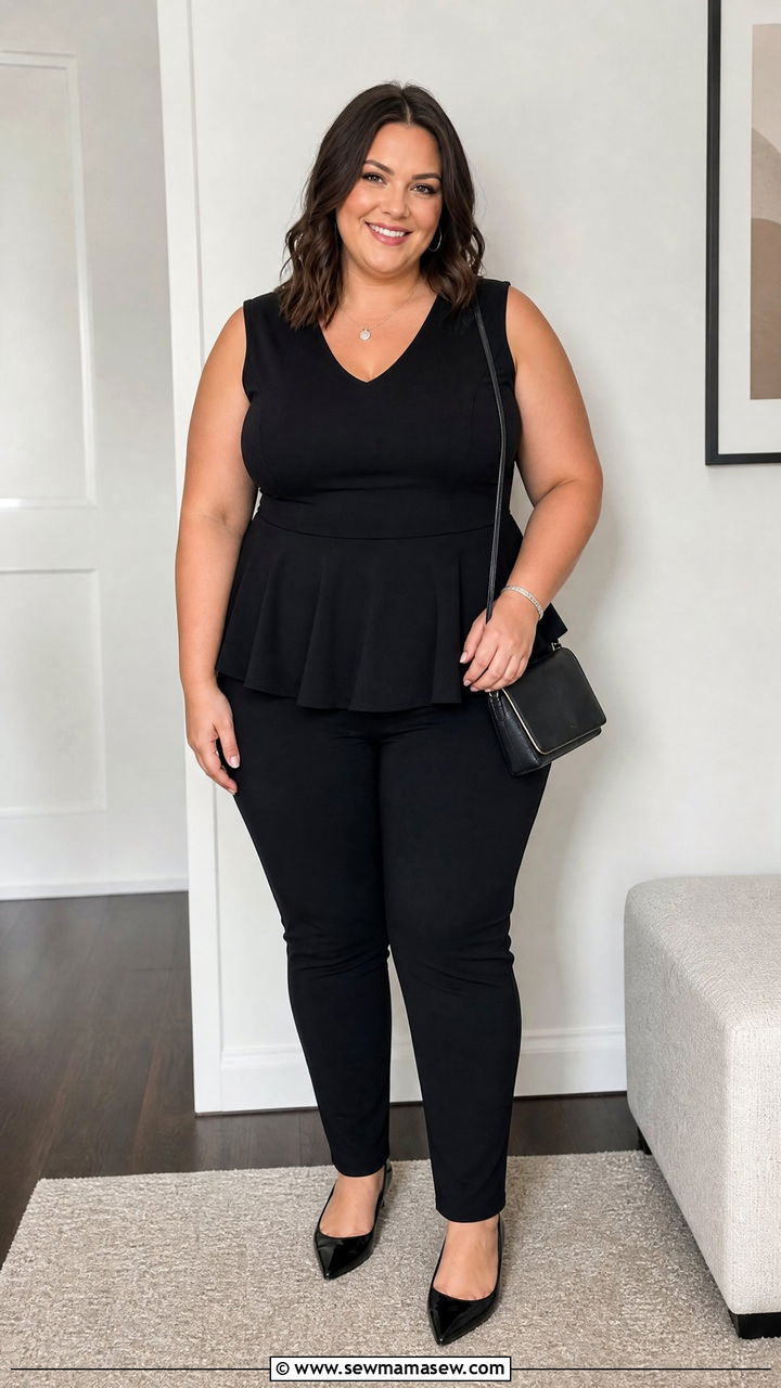 Plus Size Peplum Top With Slim Pants - 20 plus size date night top outfit ideas