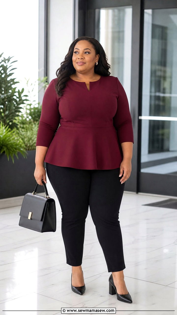 Plus Size Peplum Top With Slim Trousers - 20 plus size work top outfit ideas