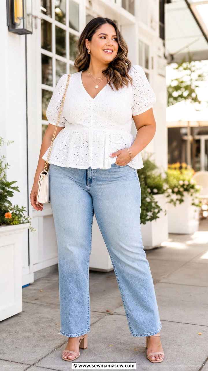 Plus Size Peplum Top With Straight Leg Jeans - 20 plus size summer top outfit ideas