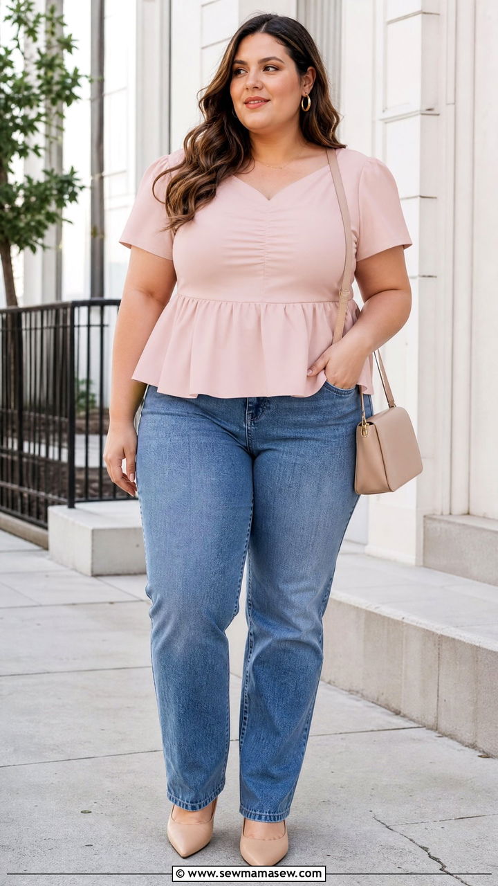 Plus Size Peplum Top With Straight Leg Jeans - 20 plus size tops to hide belly outfit ideas