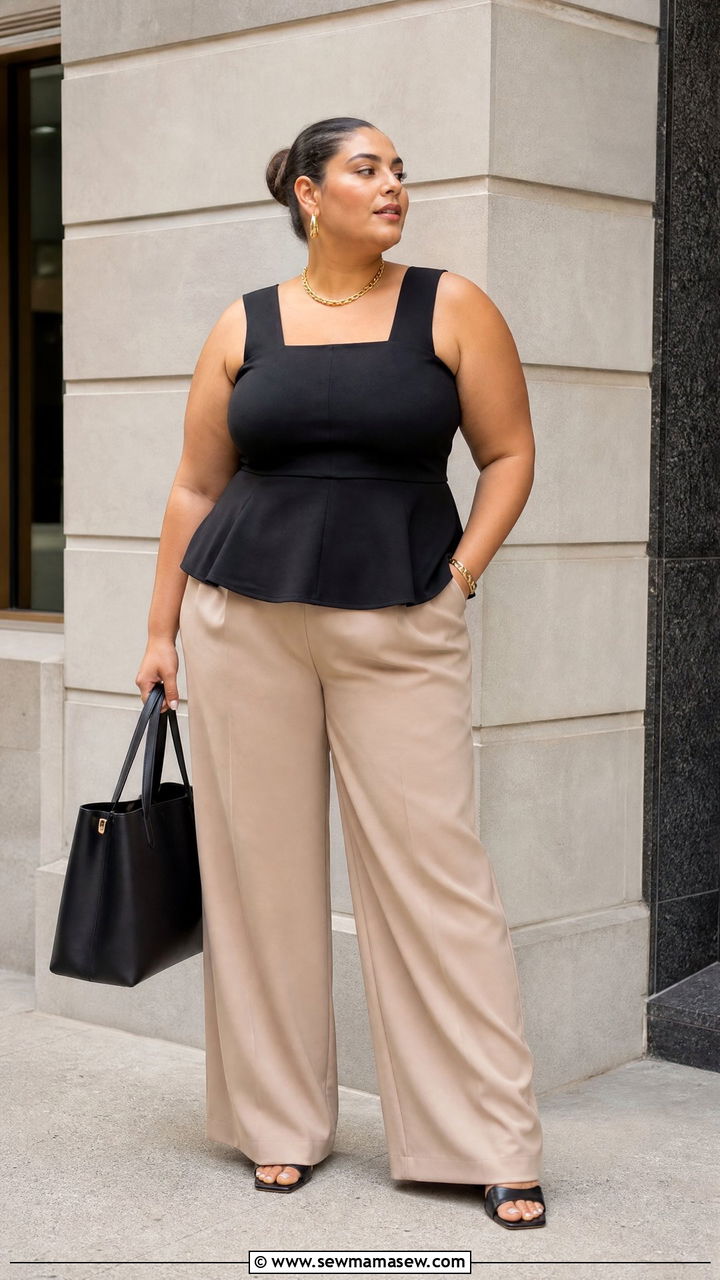 Plus Size Peplum Top With Wide Leg Pants - 20 plus size peplum top outfit ideas