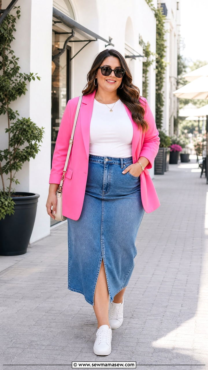 Plus Size Pink Blazer Top With Denim Skirt - 20 plus size blazer top outfit ideas