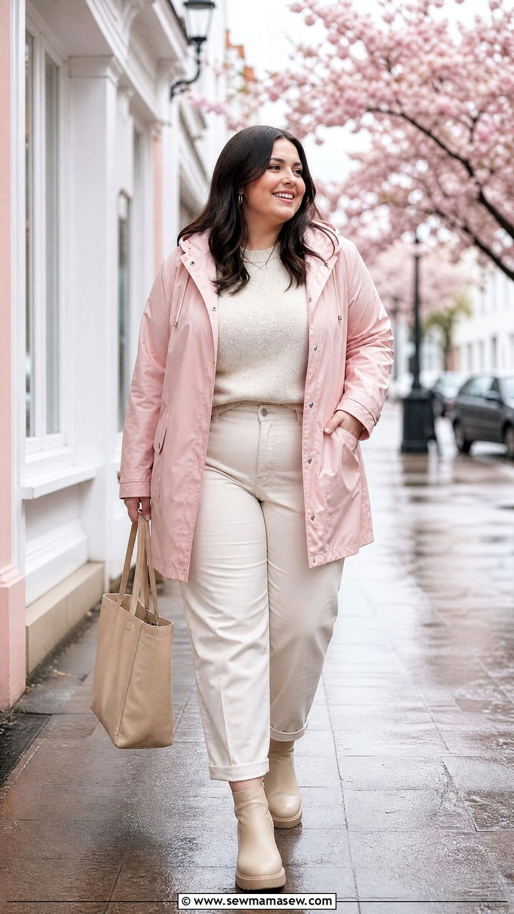Plus Size Pink Raincoat With Neutral Basics - 20 plus size raincoat outfit ideas