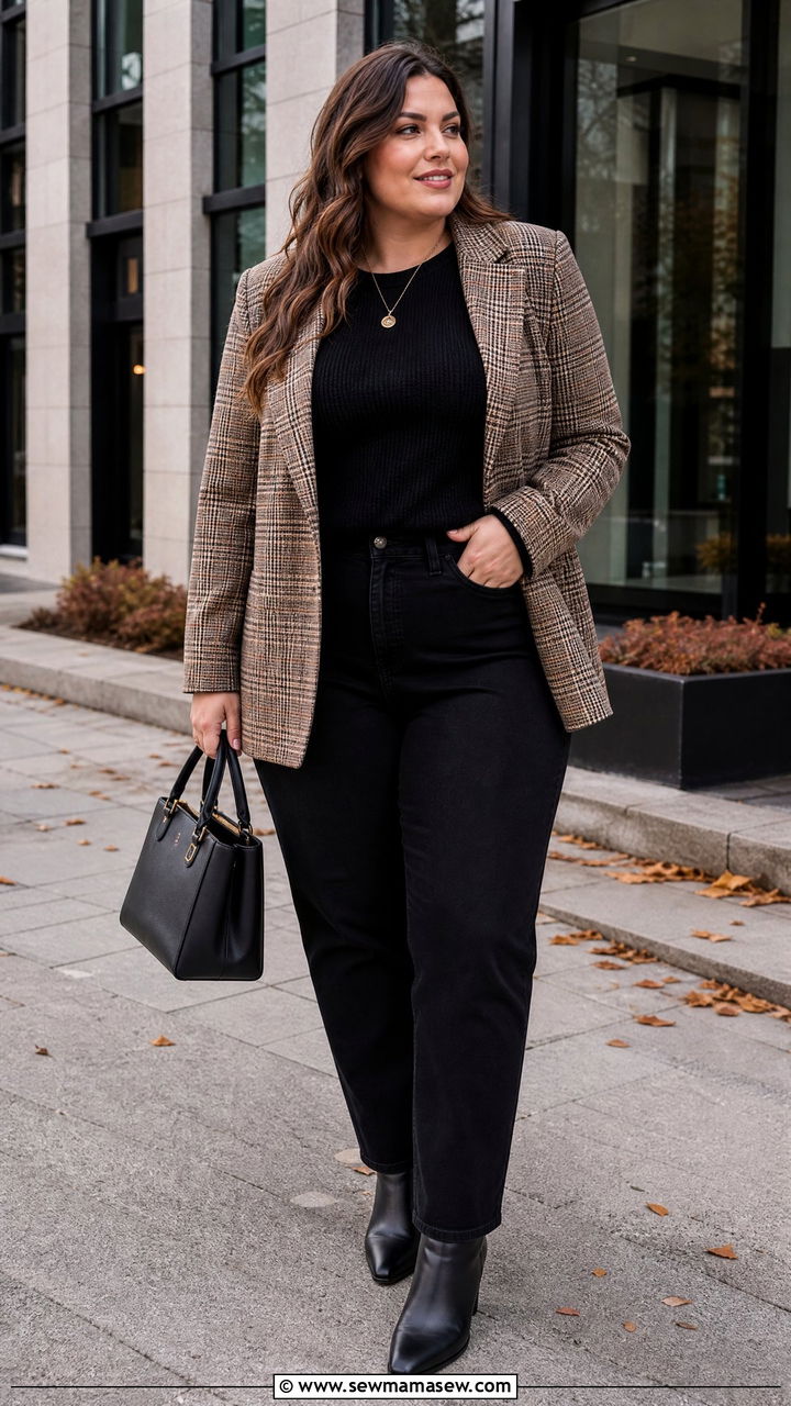 Plus Size Plaid Blazer With Black Jeans - 20 plus size cozy fall outfits