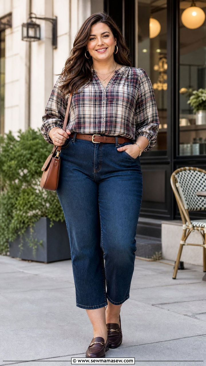 Plus Size Plaid Blouse With Cropped Jeans - 20 plus size plaid top outfit ideas