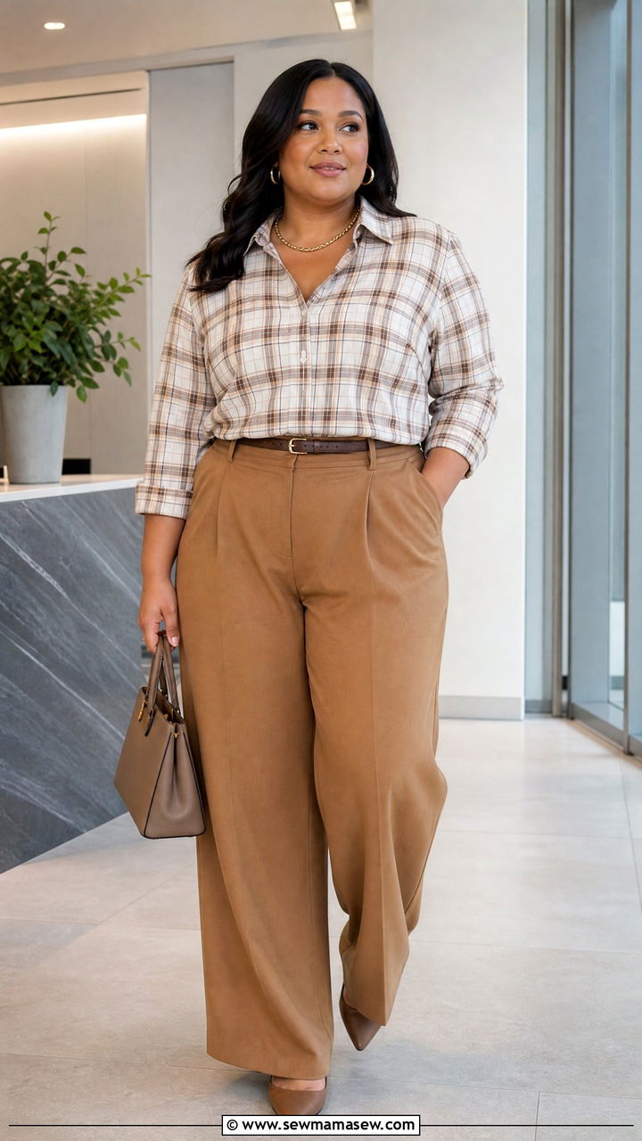 Plus Size Plaid Button Down With Wide Leg Pants - 20 plus size plaid top outfit ideas
