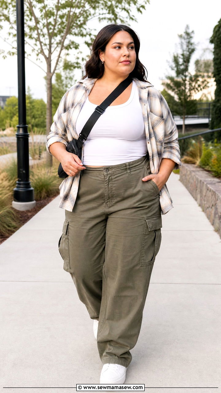 Plus Size Plaid Button Up Shirt With Cargo Pants - 20 plus size button up shirt outfit ideas