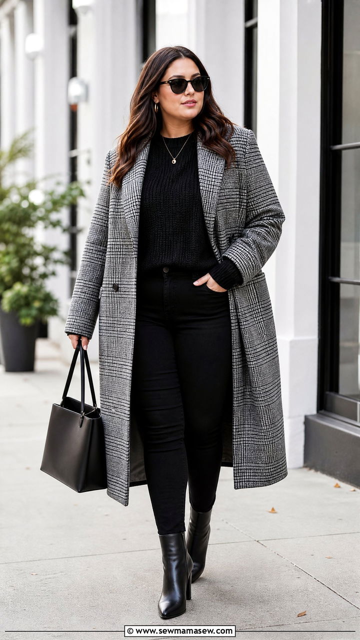 Plus Size Plaid Coat With Black Boots - 20 plus size outfit ideas with boots