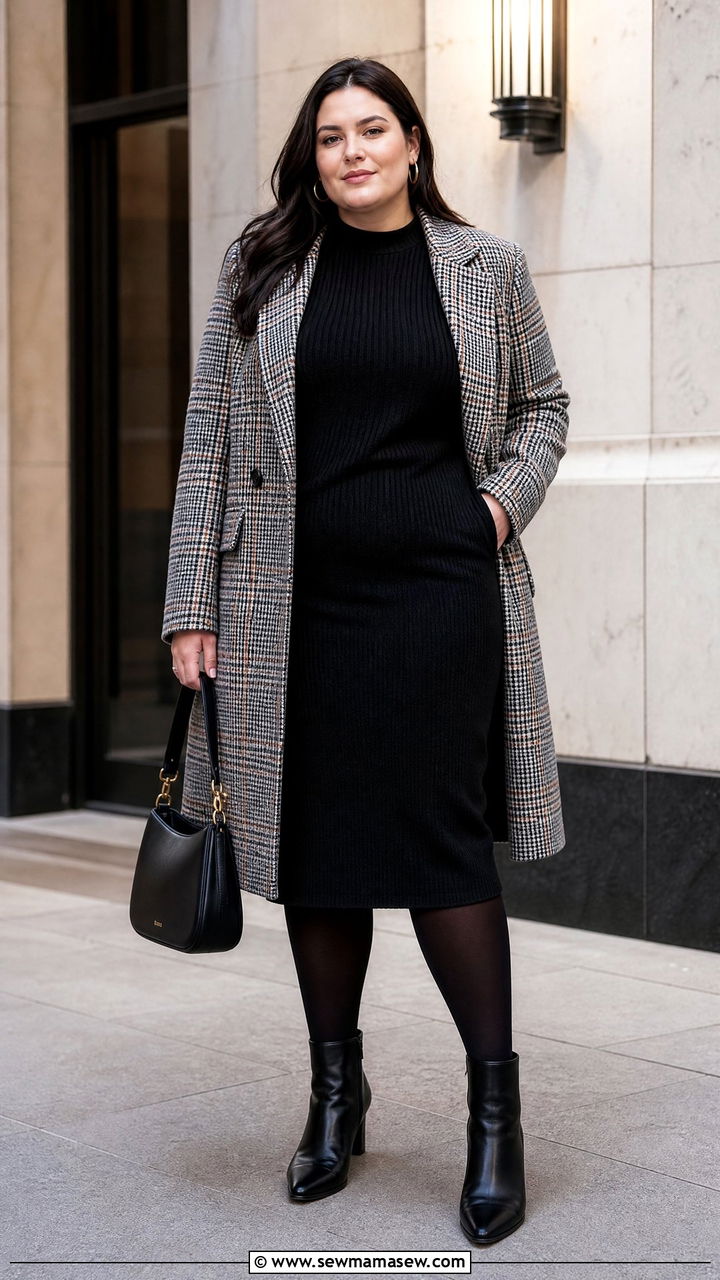 Plus Size Plaid Coat With Black Dress - 20 plus size winter date night outfit ideas