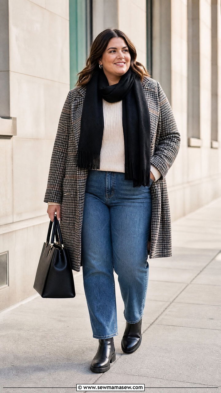 Plus Size Plaid Coat With Boots And Straight Jeans - 20 plus size winter outfit ideas with boots