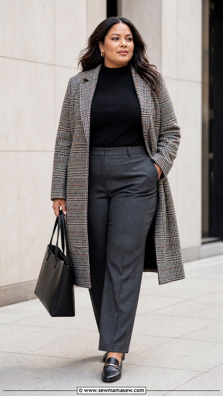 Plus Size Plaid Coat With Trousers Outfit - 20 plus size layered fall outfit ideas