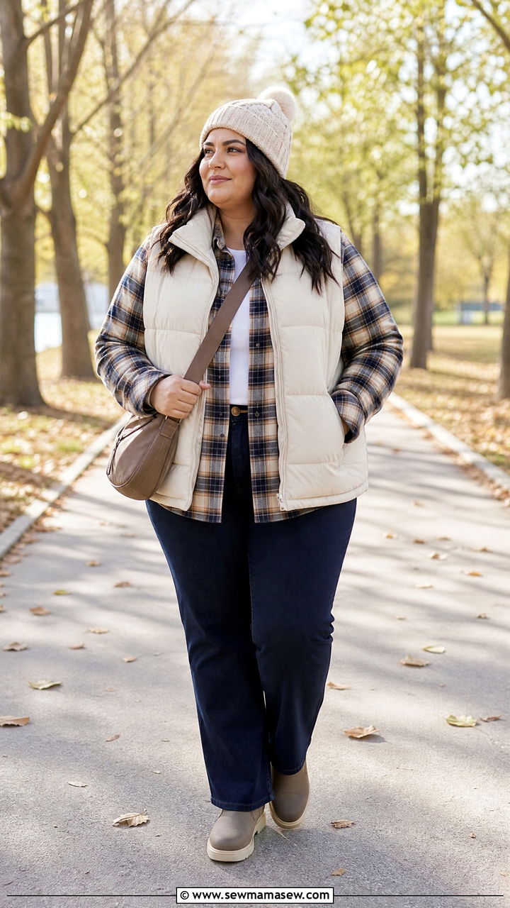 Plus Size Plaid Flannel With A Puffer Vest - 20 plus size plaid top outfit ideas