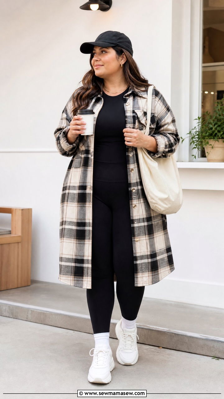 Plus Size Plaid Flannel With Black Leggings - 20 plus size plaid top outfit ideas