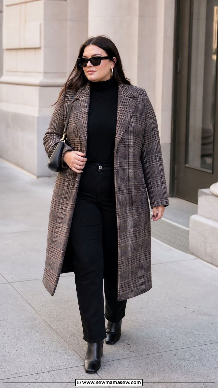 Plus Size Plaid Long Coat With Black Basics - 20 plus size long coat outfit ideas