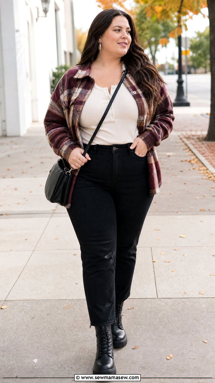 Plus Size Plaid Shacket With Combat Boots - 20 plus size fall outfit ideas with boots