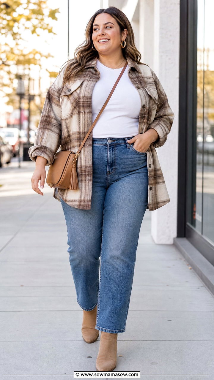 Plus Size Plaid Shacket With Jeans - 20 plus size shacket outfit ideas