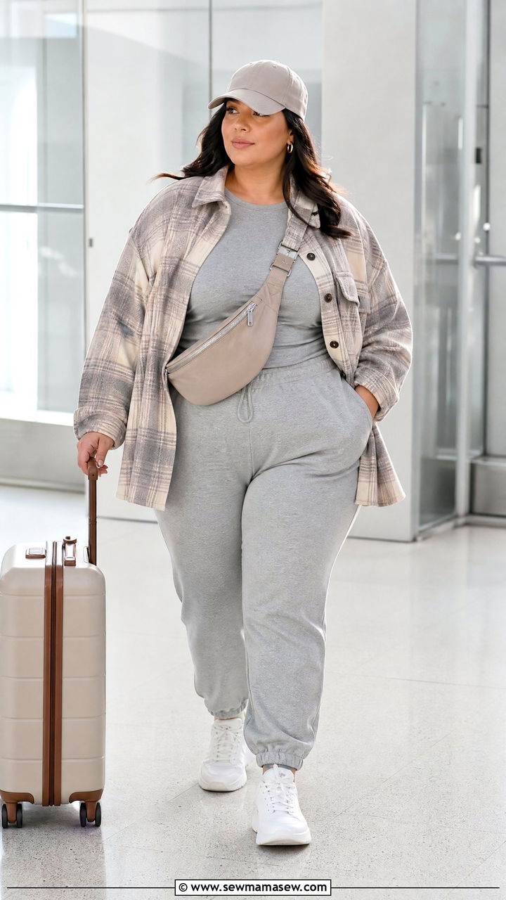 Plus Size Plaid Shacket With Joggers - 20 plus size plaid top outfit ideas