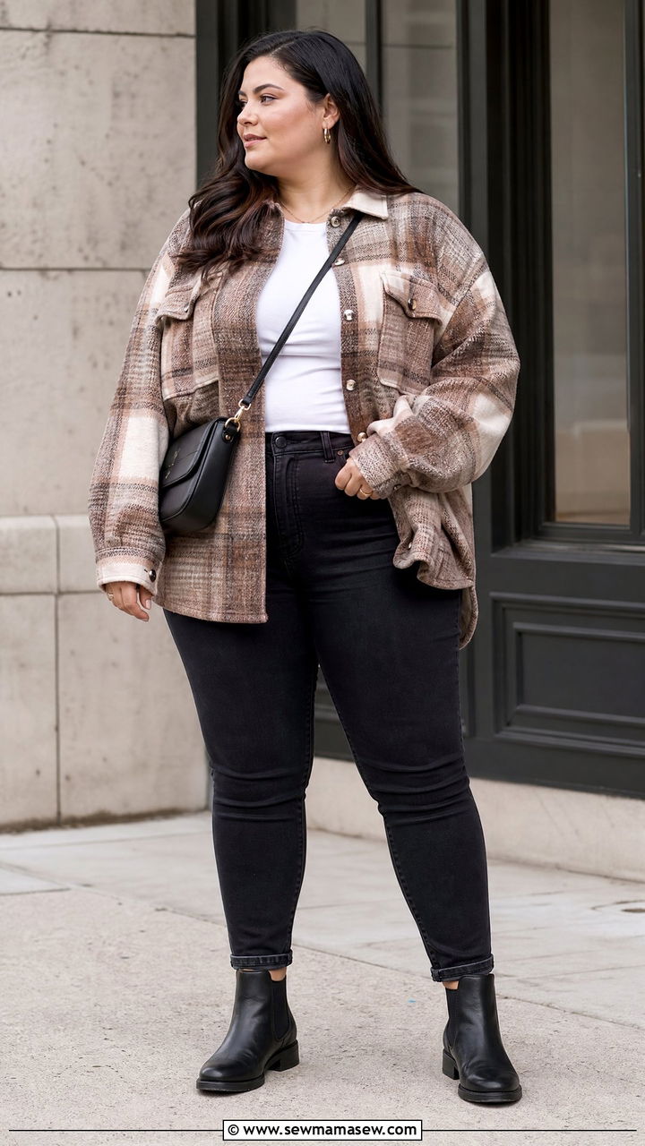 Plus Size Plaid Shacket With Skinny Jeans - 20 plus size plaid top outfit ideas