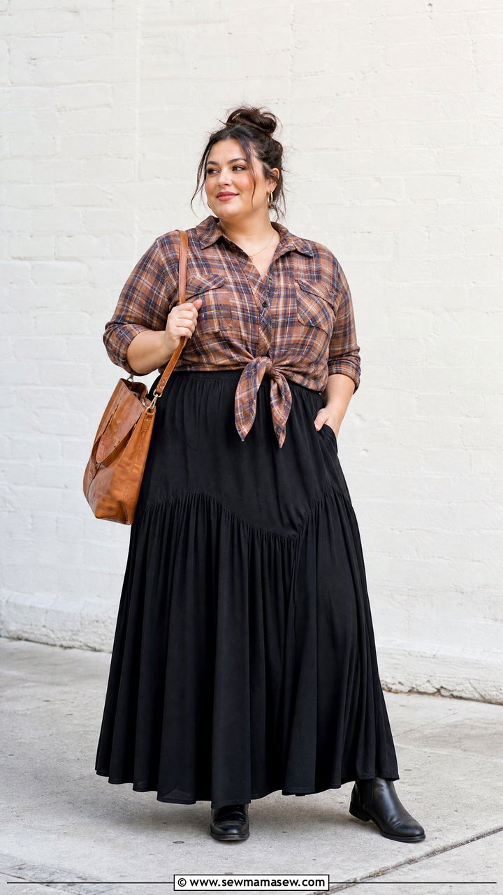Plus Size Plaid Shirt With Black Maxi Skirt - 20 plus size plaid top outfit ideas