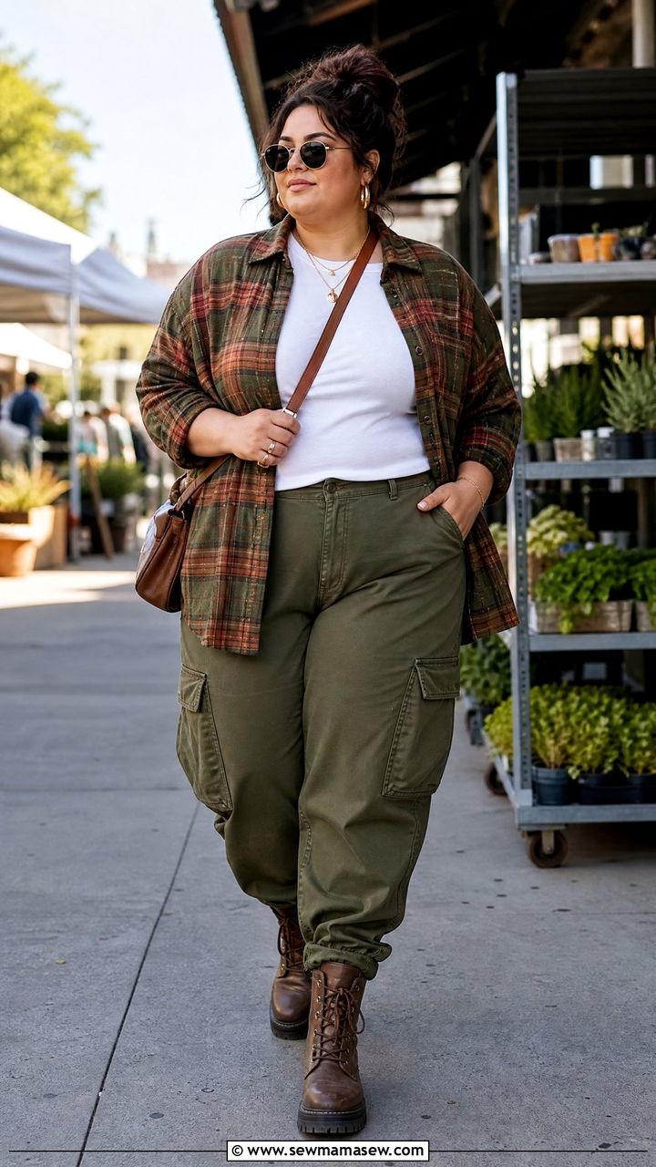 Plus Size Plaid Shirt With Cargo Pants - 20 plus size plaid top outfit ideas