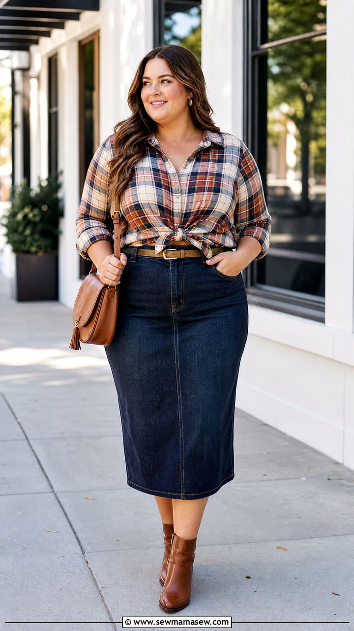 Plus Size Plaid Shirt With Denim Skirt - 20 plus size plaid shirt outfit ideas