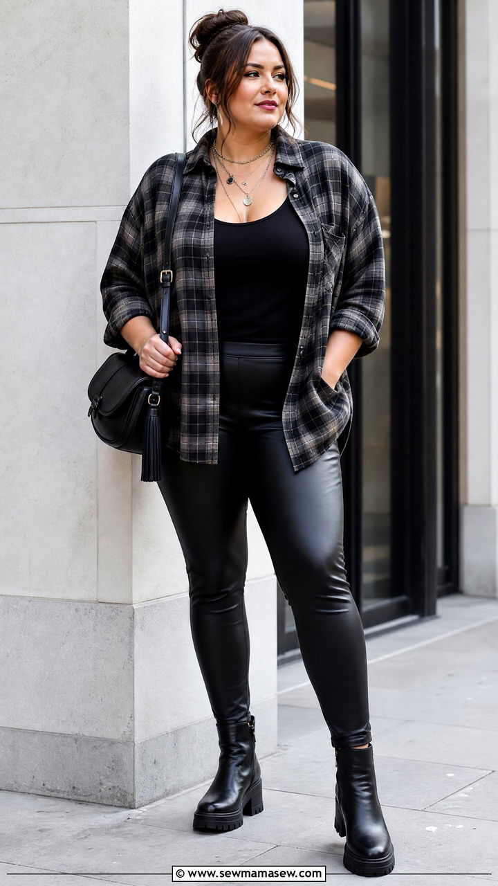Plus Size Plaid Shirt With Faux Leather Leggings - 20 plus size plaid shirt outfit ideas