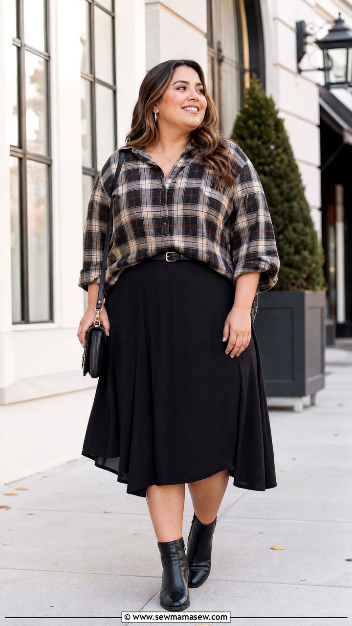 Plus Size Plaid Shirt With Midi Skirt - 20 plus size plaid shirt outfit ideas