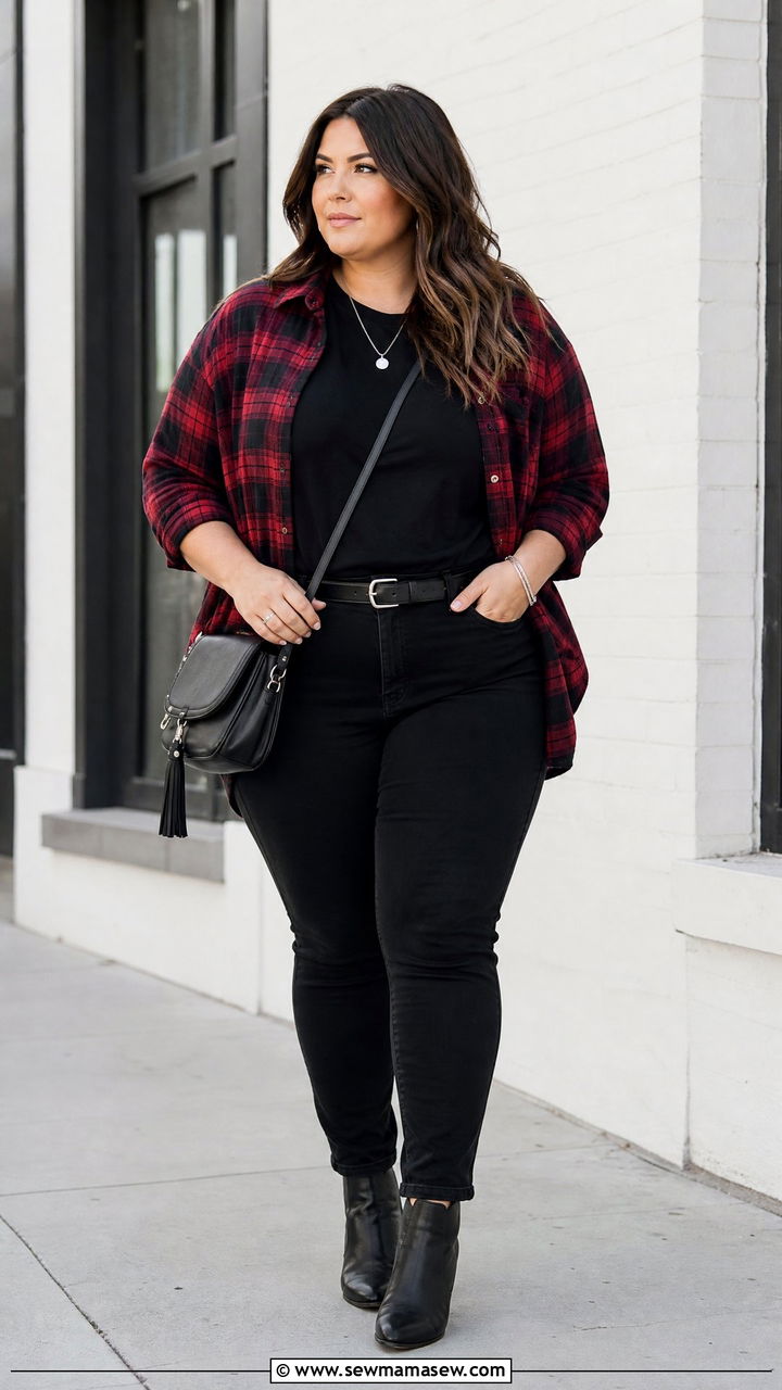 Plus Size Plaid Shirt With Monochrome Black Outfit - 20 plus size plaid shirt outfit ideas