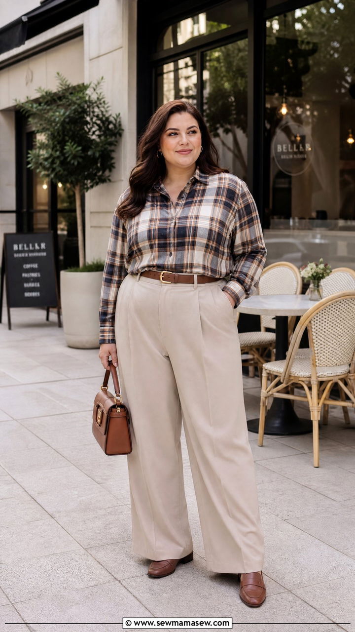 Plus Size Plaid Shirt With Neutral Trousers - 20 plus size plaid shirt outfit ideas