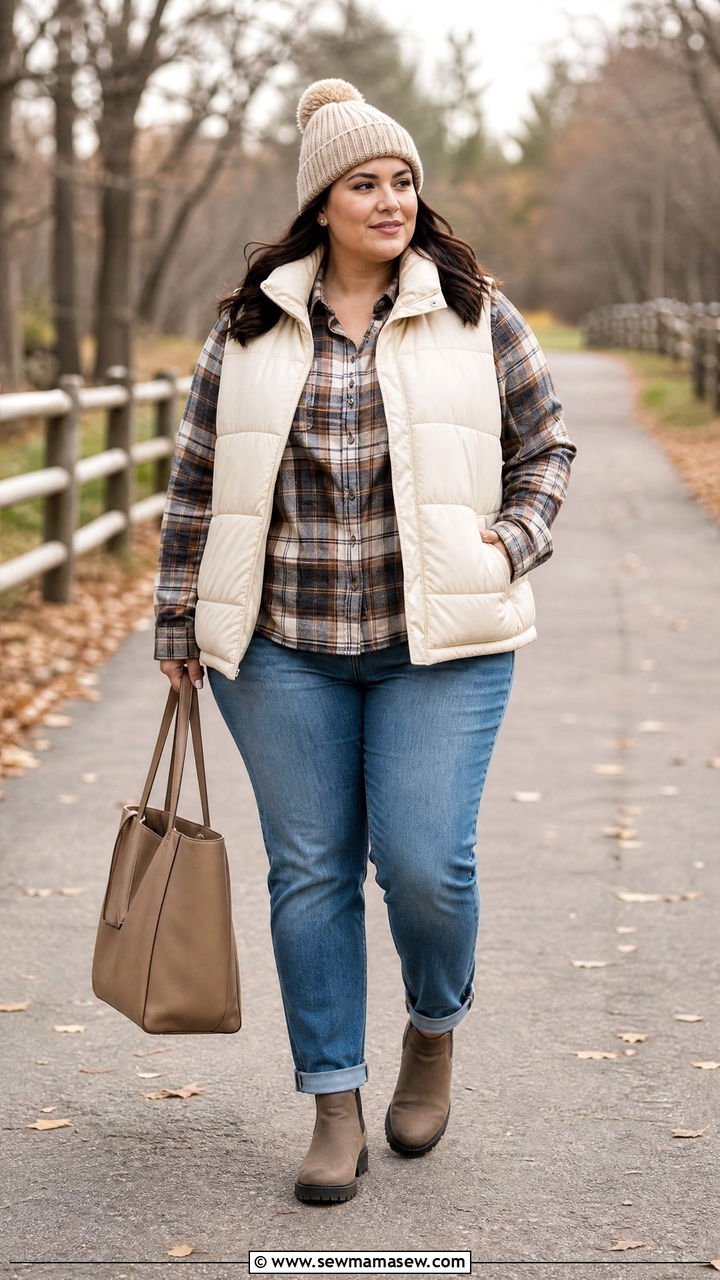 Plus Size Plaid Shirt With Puffer Vest - 20 plus size plaid shirt outfit ideas