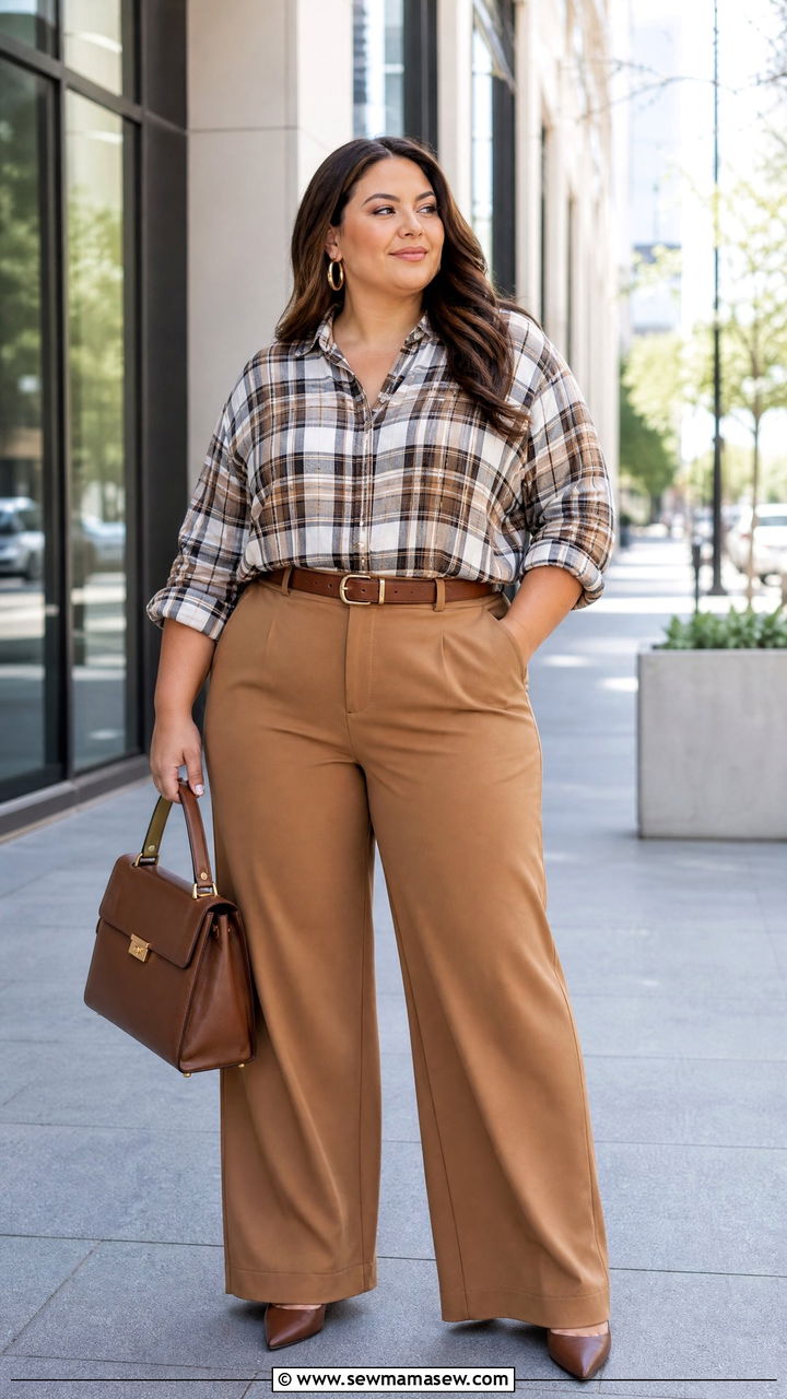 Plus Size Plaid Shirt With Wide Leg Pants - 20 plus size plaid shirt outfit ideas